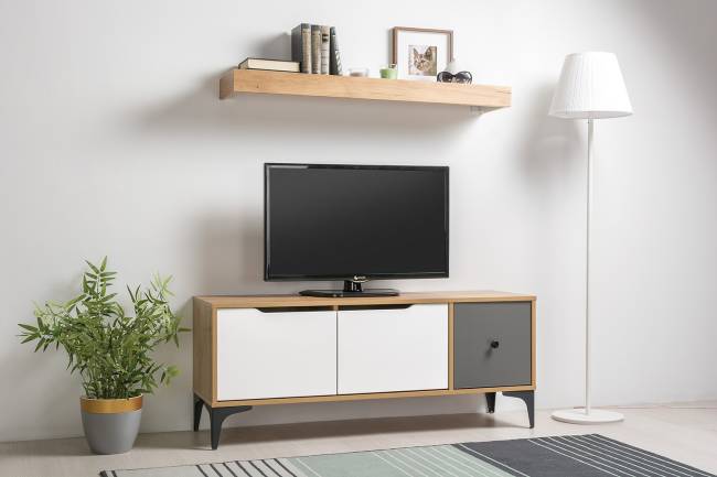 Тумба под ТВ Вайс 13.270.01 цвет дуб золотой/тёмно-серый/МДФ милк софт