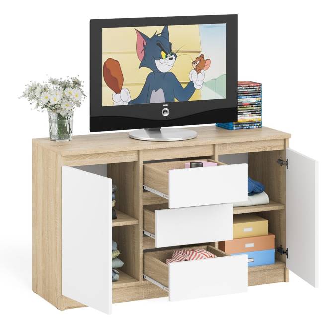 Комод-тумба три ящика и две дверки Мори МК1200.3 цвет дуб сонома/белый