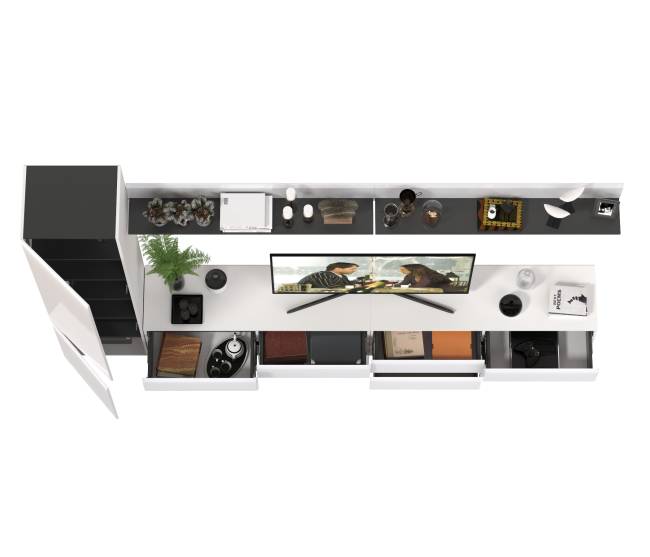 Две ТВ-тумбы с двумя навесными полочками и шкафом с полками Сидней цвет белый/чёрный/МДФ белый глянец