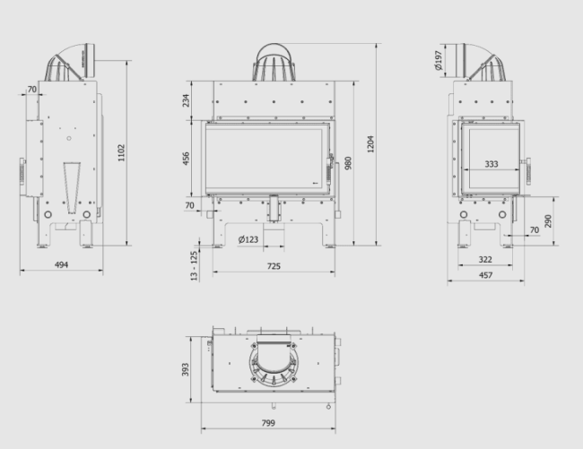 Каминная Kratki PRO FLOKI/M/L угловое стекло слева