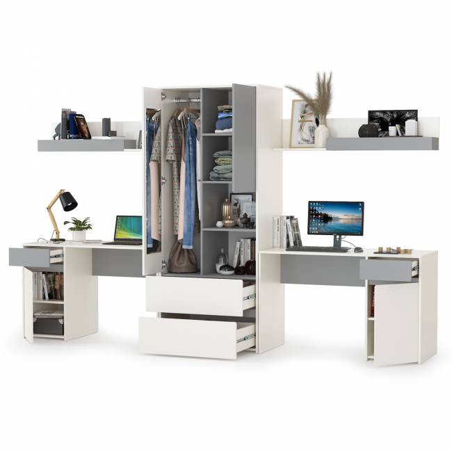 Столы компьютерные Торонто для двоих детей с полками и шкафом цвет белый шагрень/стальной серый