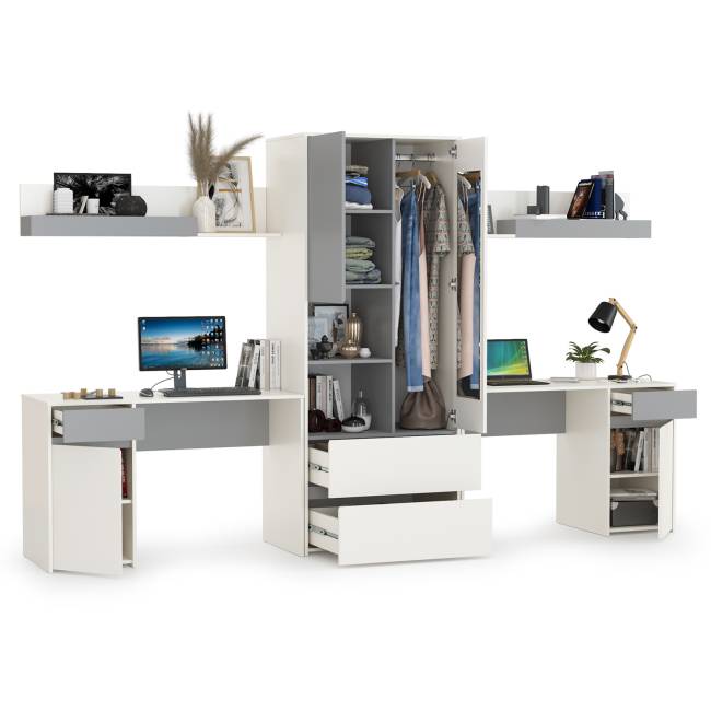 Столы компьютерные Торонто для двоих детей с полками и шкафом цвет белый шагрень/стальной серый