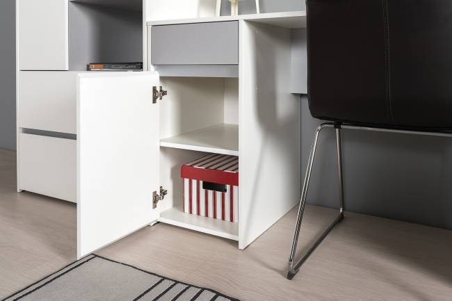 Столы компьютерные Торонто для двоих детей с полками и шкафом цвет белый шагрень/стальной серый