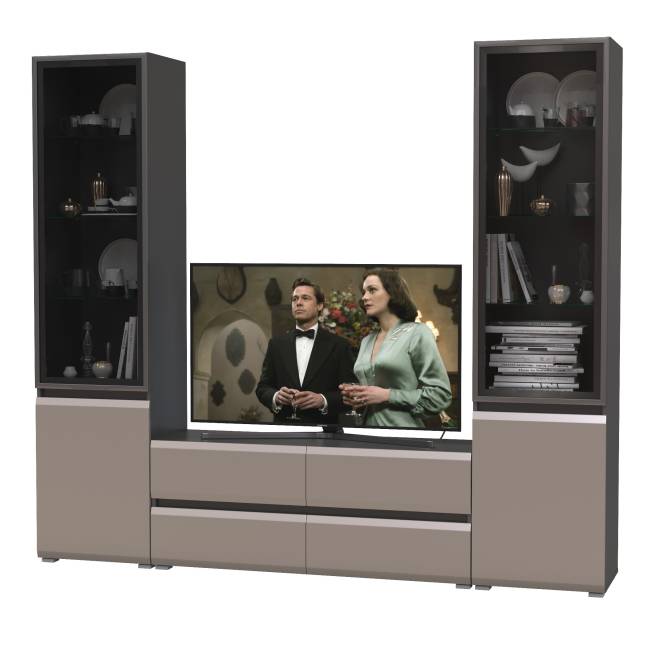 Гостиная из ТВ-тумбы и двух шкафов-витрин Сидней цвет антрацит/МДФ веллюто капучино