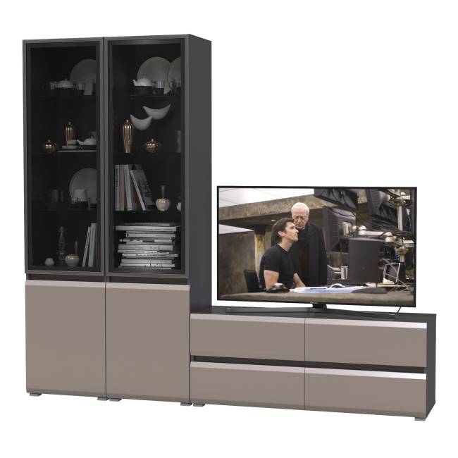 Гостиная из ТВ-тумбы и двух шкафов-витрин Сидней цвет антрацит/МДФ веллюто капучино