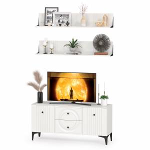 Тумба для ТВ с двумя навесными полкой Валенсия цвет белый шагрень