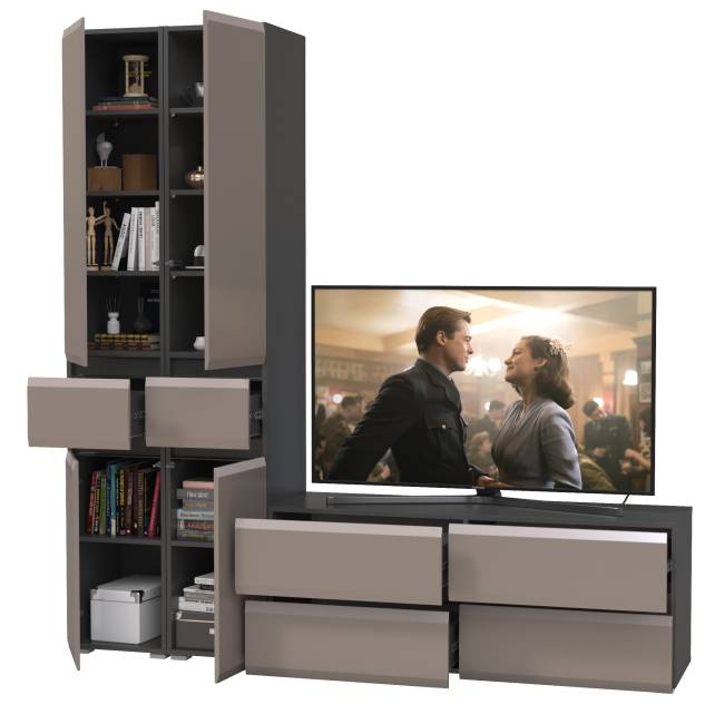 Два шкафа с ящиками и тумба под ТВ Сидней цвет антрацит/МДФ веллюто капучино