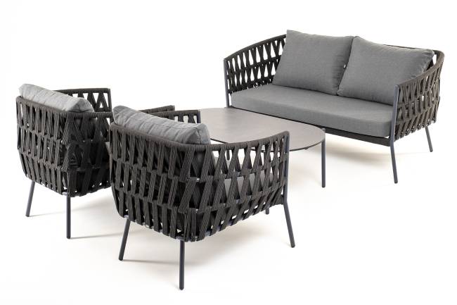"Диего" лаунж-зона 4-местная плетеная из роупа (веревки), каркас алюминиевый темно-серый, роуп темно-серый