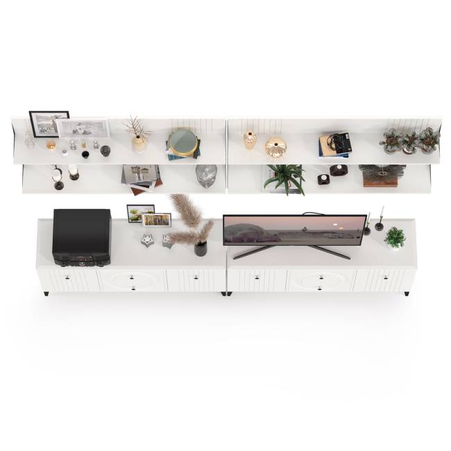 Две ТВ-тумбы и четыре навесных полки Валенсия цвет белый шагрень