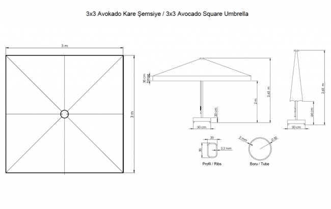 Зонт профессиональный 3х3 м Avocado серебристый, черный 3000х3000 мм