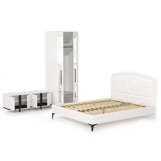 Кровать 1600 с ТВ-тумбой и шкафом с зеркалами Валенсия цвет белый шагрень/чёрный