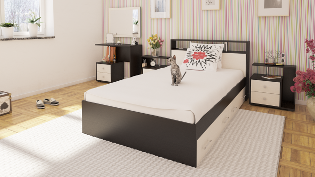 Кровать с ящиками 1200 Камелия + две тумбы цвет венге/дуб лоредо