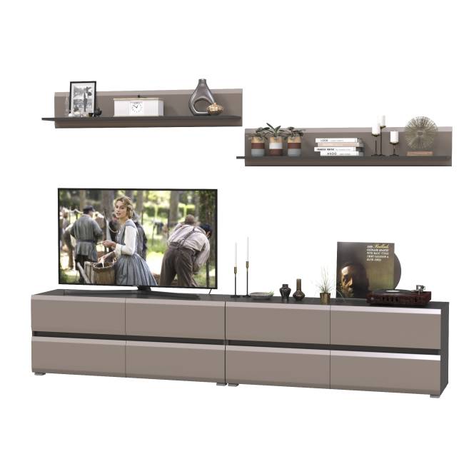 Две ТВ-тумбы с двумя навесными открытыми полками Сидней цвет антрацит/МДФ веллюто капучино