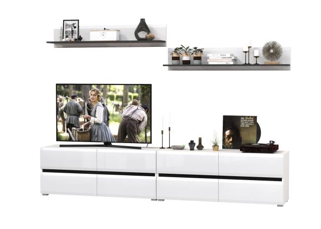 Большая ТВ-тумба Сидней с двумя навесными полочками цвет белый/чёрный/МДФ белый глянец