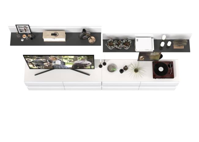 Большая ТВ-тумба Сидней с двумя навесными полочками цвет белый/чёрный/МДФ белый глянец