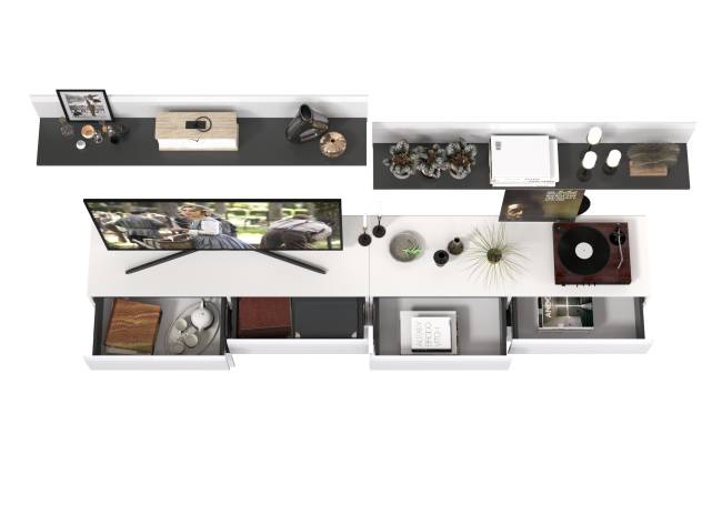 Большая ТВ-тумба Сидней с двумя навесными полочками цвет белый/чёрный/МДФ белый глянец