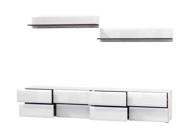 Большая ТВ-тумба Сидней с двумя навесными полочками цвет белый/чёрный/МДФ белый глянец