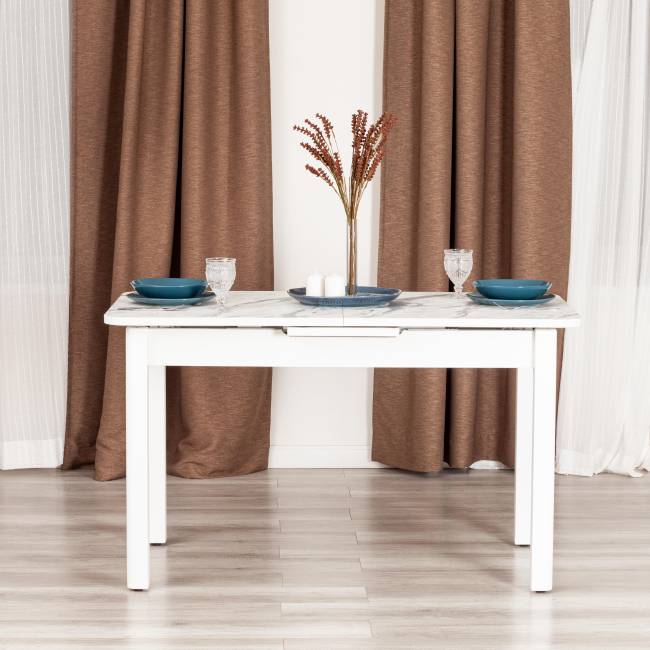 Стол обеденный раздвижной Алигери/Aligery ЛДСП/HPL/опора-массив березы, 130-160х75х75см, мрамор светлый/белый Мрамор светлый/белый ЛДСП/HPL/опора-массив березы