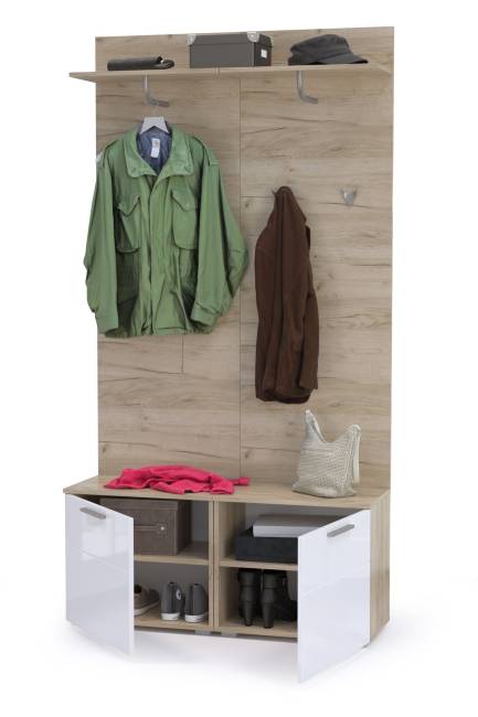 Тумбы для обуви с вешалками для верхней одежды Лайн цвет дуб крафт серый/фасады МДФ белый глянец