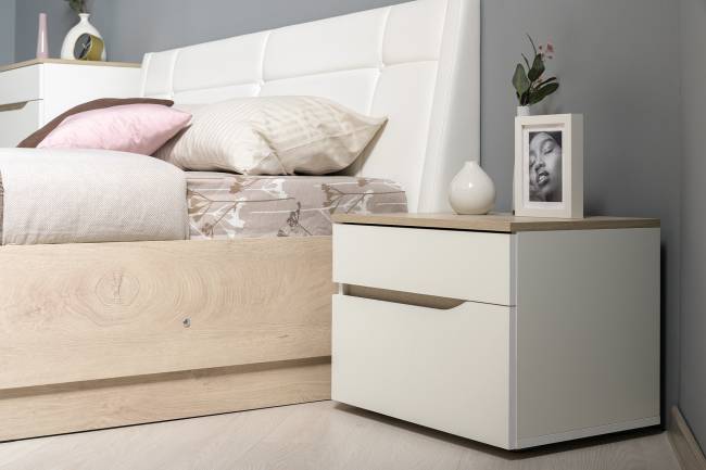 Набор мебели для спальни Муссон с кроватью 1600 цвет белый/чёрный/дуб эндгрейн элегантный/кожзам белый