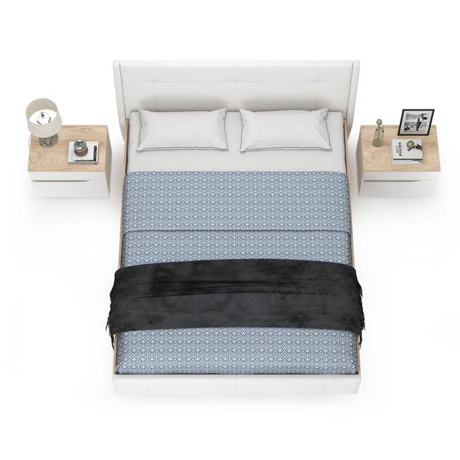 Кровать с подъёмным основанием и двумя прикроватными тумбами Муссон цвет белый/дуб эндгрейн элегантный/кожзам белый