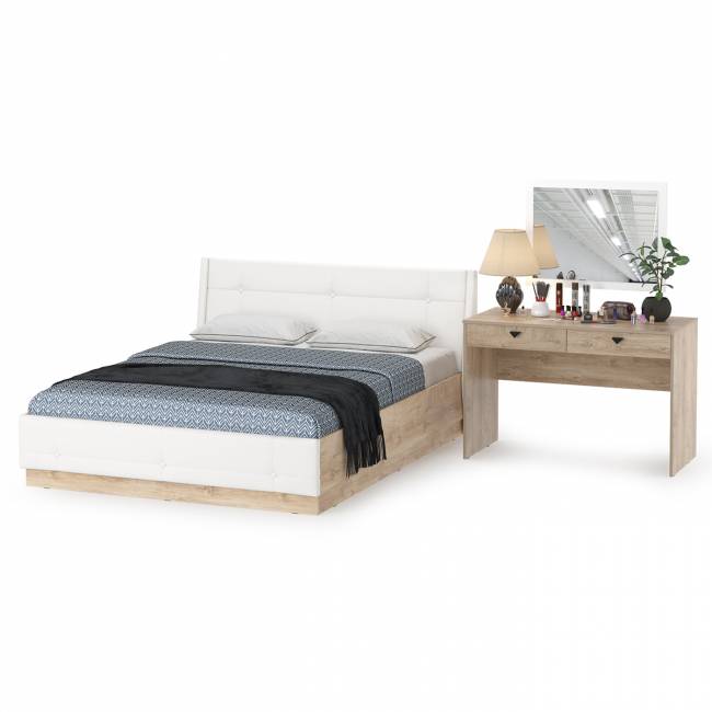 Кровать Муссон с подъёмным ортопедом и стол Бостон с зеркалом цвет белый/дуб эндгрейн элегантный/кожзам белый