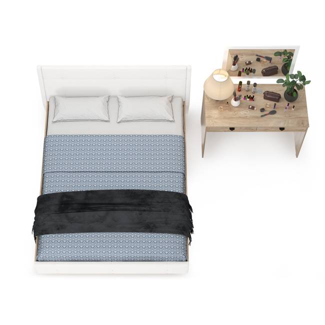 Кровать Муссон с подъёмным ортопедом и стол Бостон с зеркалом цвет белый/дуб эндгрейн элегантный/кожзам белый