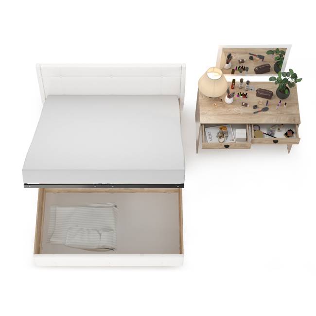 Кровать Муссон с подъёмным ортопедом и стол Бостон с зеркалом цвет белый/дуб эндгрейн элегантный/кожзам белый