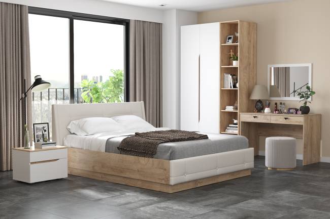 Кровать Муссон с подъёмным ортопедом и стол Бостон с зеркалом цвет белый/дуб эндгрейн элегантный/кожзам белый