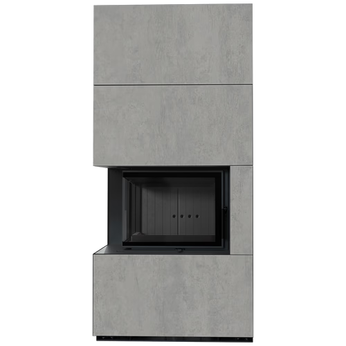 Каминокомплект Kratki PRO FLOKI CEMENTO GRIGIO BOCCIARDATA, угловое стекло слева