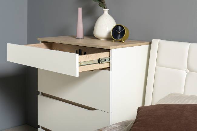 Кровать с подъёмным ортопедом Муссон 1600 с тумбочкой и комодом с зеркалом СВК цвет белый/дуб эндгрейн элегантный/кожзам белый