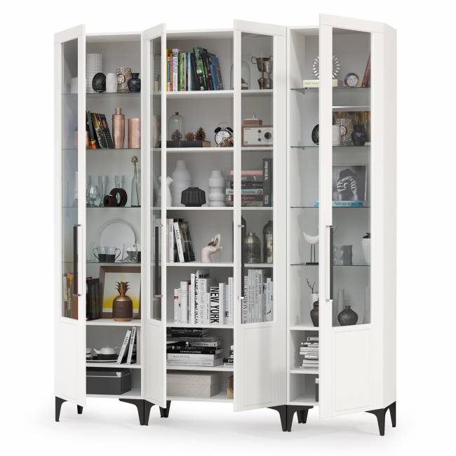 Сервант в гостиную с четырьмя дверками Валенсия цвет белый шагрень