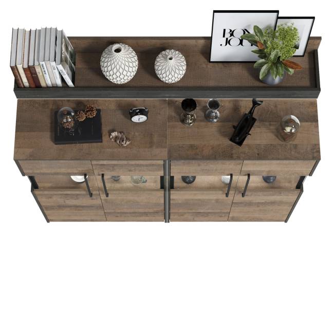 Два комода с витриной с подсветкой и навесная полка Трувор цвет дуб гранж песочный/интра