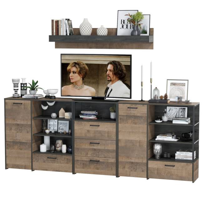 Два комода с дверкой и ящиком с навесной полкой и комодом с тремя ящиками Трувор цвет дуб гранж песочный/интра