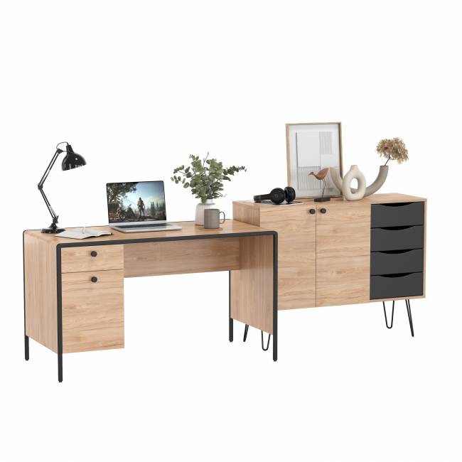 Брюс письменный стол с комодом цвет чёрный/Battle rock Santiago/столешница МДФ ель карпатская