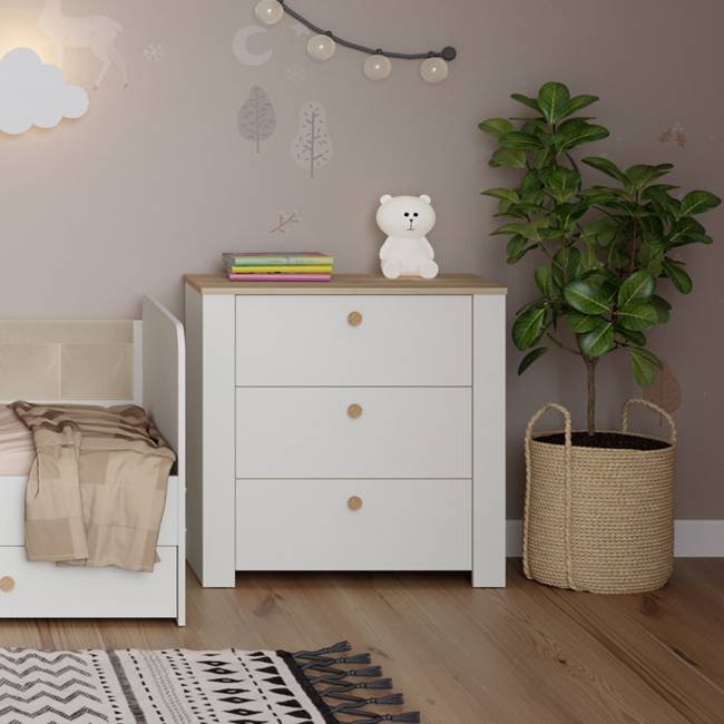 Комод три ящика Джастин 16.228.03 цвет белый шагрень/дуб белый эксклюзив Комод три ящика Джастин 16.228.03 цвет белый шагрень/дуб белый эксклюзив