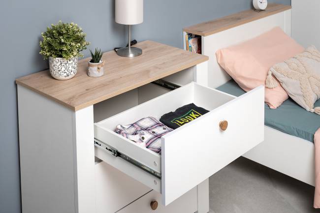 Комод три ящика Джастин 16.228.03 цвет белый шагрень/дуб белый эксклюзив Комод три ящика Джастин 16.228.03 цвет белый шагрень/дуб белый эксклюзив