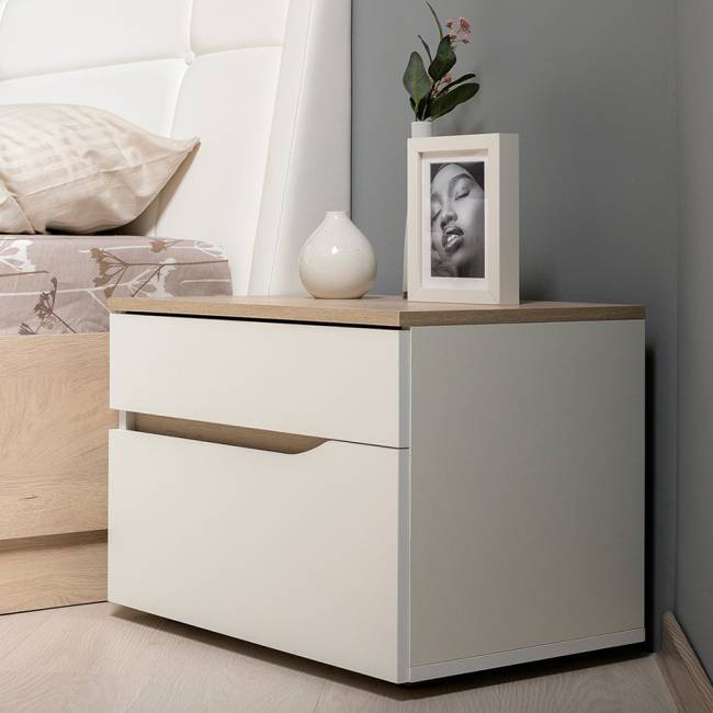 Две прикроватных тумбочки и кровать с основанием 1600 Муссон 11.41 цвет белый/дуб эндгрейн элегантный