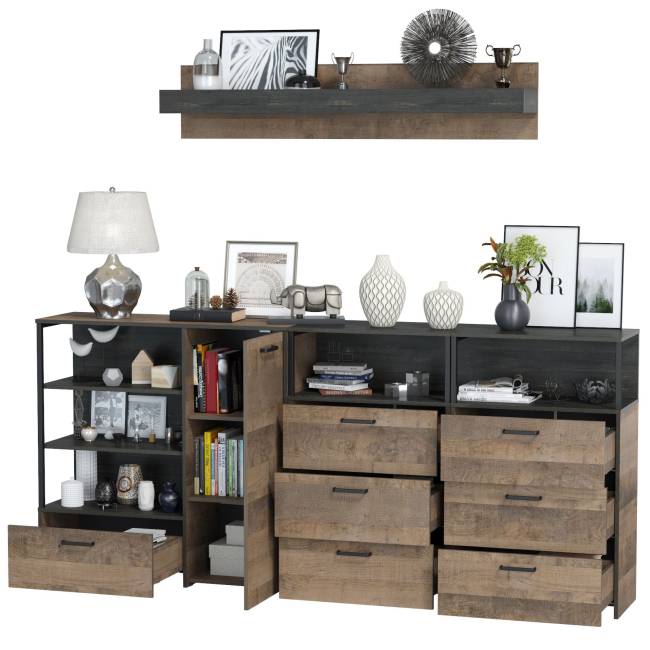 Два комода с ящиками с навесной полкой и комод с ящиком и дверкой в гостиную Трувор цвет дуб гранж песочный/интра