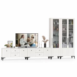 Две тумбы для аппаратуры и шкаф с тремя дверками стекло Валенсия цвет белый шагрень