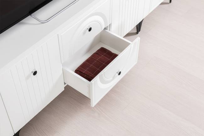 Две тумбы для аппаратуры и шкаф с тремя дверками стекло Валенсия цвет белый шагрень