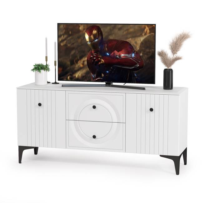 Две тумбы для аппаратуры и шкаф с тремя дверками стекло Валенсия цвет белый шагрень